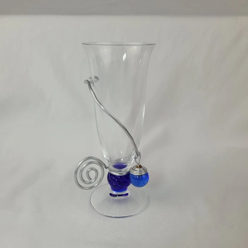 Art Glass Vase Cobalt Blue Twisted Stem Silver Wire Wrap Spiral